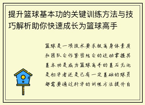 提升篮球基本功的关键训练方法与技巧解析助你快速成长为篮球高手