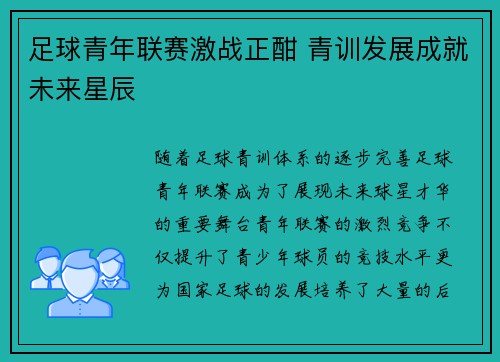 足球青年联赛激战正酣 青训发展成就未来星辰