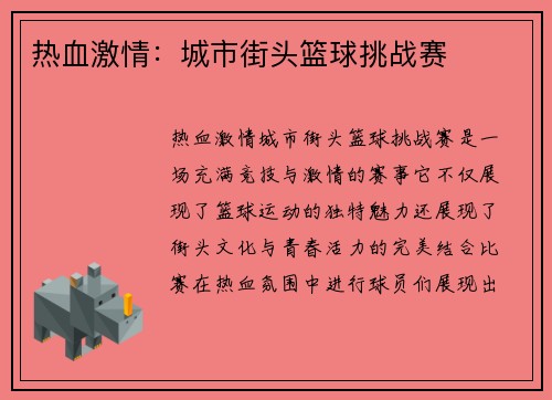 热血激情：城市街头篮球挑战赛