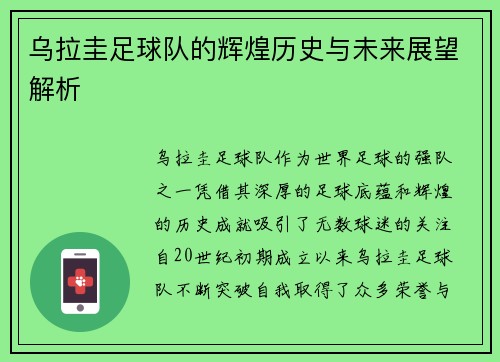 乌拉圭足球队的辉煌历史与未来展望解析